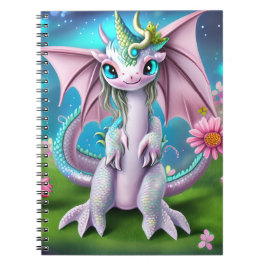 Cute Smiling Baby Dragon with Flowers Anteckningsbok