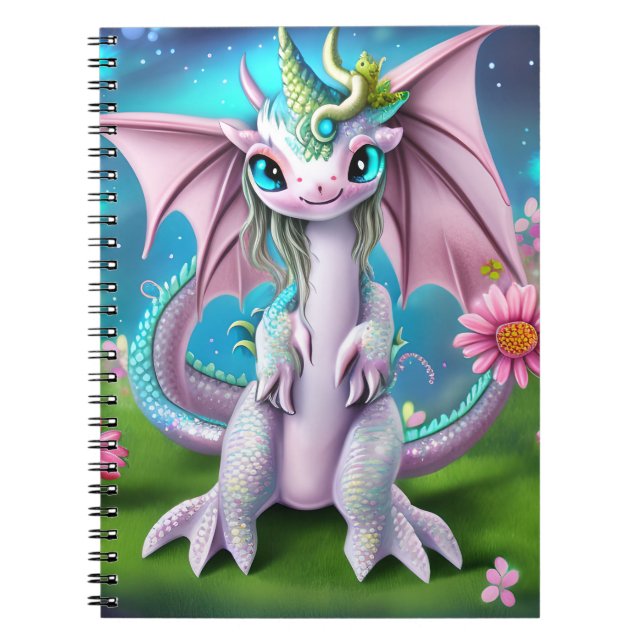 Cute Smiling Baby Dragon with Flowers Anteckningsbok (Framsidan)