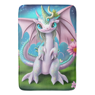 Cute Smiling Baby Dragon with Flowers Badrumsmatta