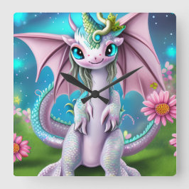 Cute Smiling Baby Dragon with Flowers Fyrkantig Klocka