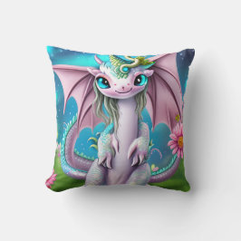 Cute Smiling Baby Dragon with Flowers Kudde