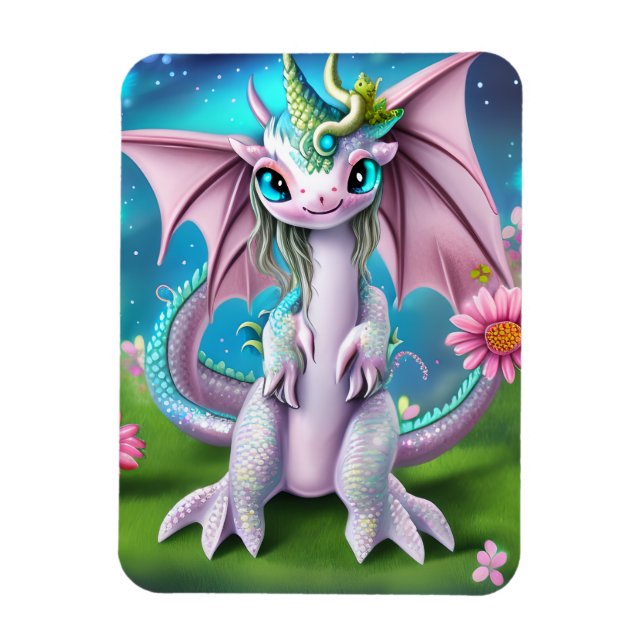 Cute Smiling Baby Dragon with Flowers Magnet (Vertikal)