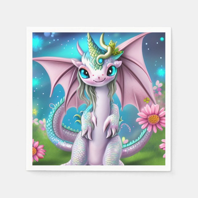 Cute Smiling Baby Dragon with Flowers Pappersservett (Framsidan)