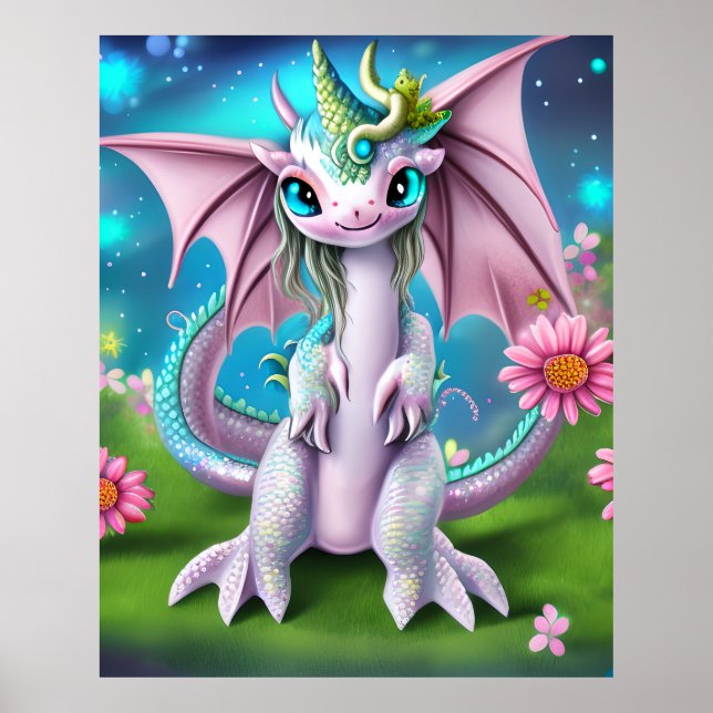 Cute Smiling Baby Dragon with Flowers Poster (Framsidan)