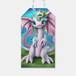 Cute Smiling Baby Dragon with Flowers Presentetikett