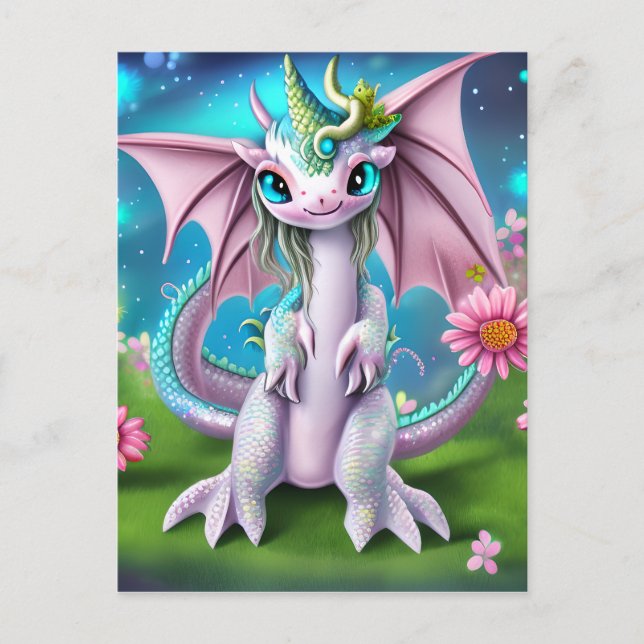Cute Smiling Baby Dragon with Flowers Vykort (Framsida)