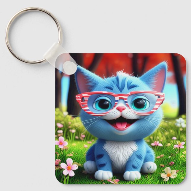 Cute Smiling Blue Kitten-55665 Nyckelring (Framsida)