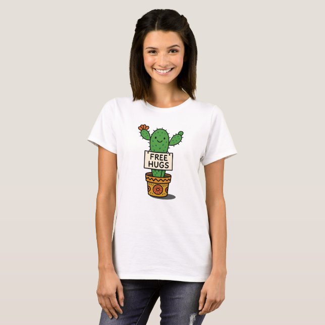 Cute Smiling Cactus Free Hugs Funny Plant Art T Shirt (Hel framsida)