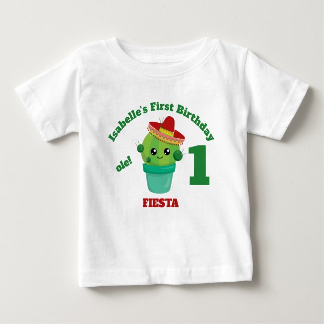 Cute Smiling Cactus in Red Sombrero Första födelse T Shirt (Framsida)