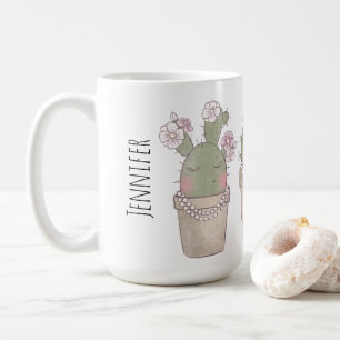 Cute Smiling Cactus Trio Wearing Jewelry Kaffemugg
