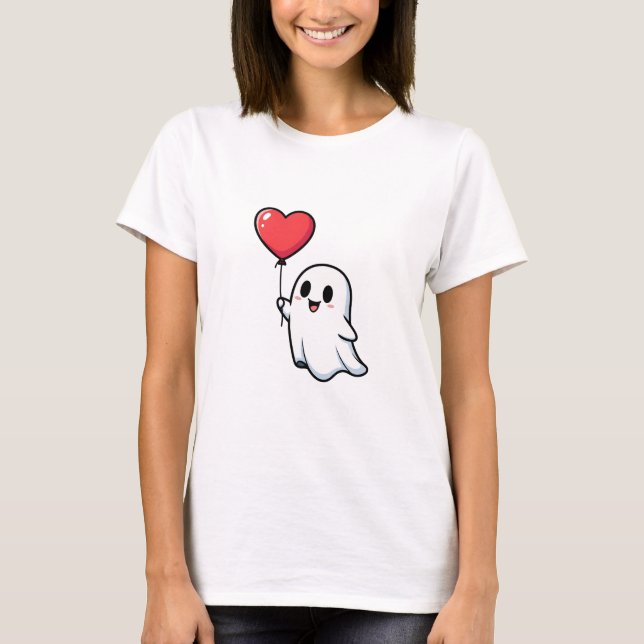 Cute Smiling Cartoon Ghost Holding Red Heart T Shirt (Framsida)