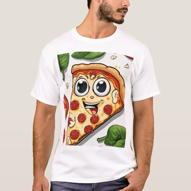 Cute Smiling Cartoon Pizza Slice with Happy Face - T Shirt (Framsida)