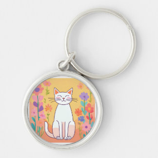 Cute Smiling Cat Bright Keychain Rund Silverfärgad Nyckelring