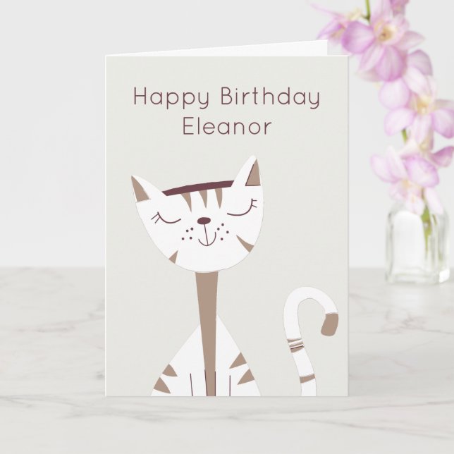 Cute Smiling Cat Namn Grattis på födelsedagen kort (Orkide)
