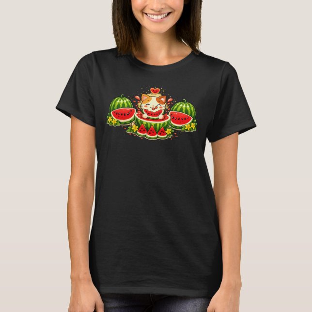 Cute Smiling Cat With Watermelon T Shirt (Framsida)