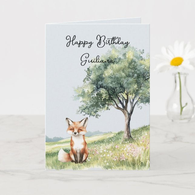 Cute Smiling Fox Field of Flowers Tree Birthday Kort (Liten växt)