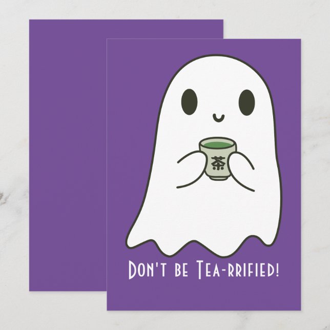 Cute Smiling Ghost & Japanska Tea Kanji Blank Inbjudningar (Fram/baksida)
