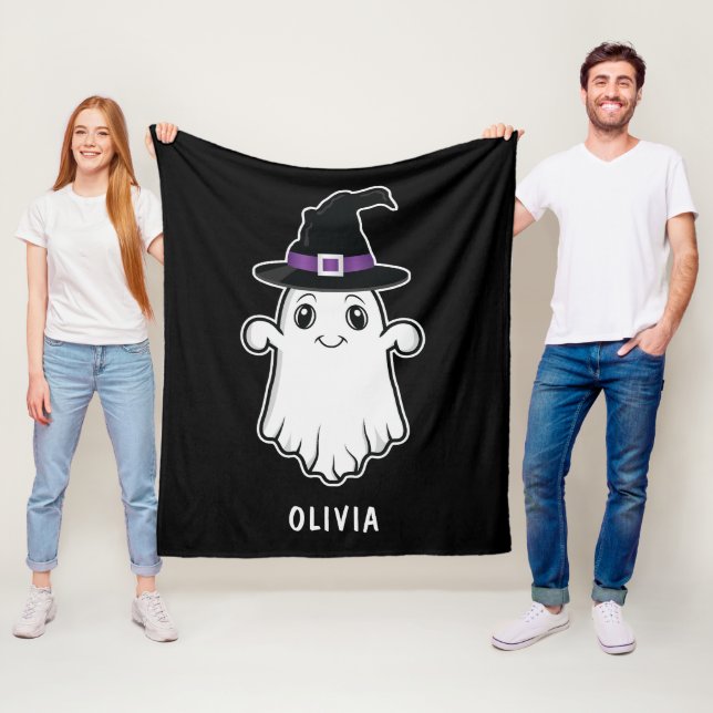 Cute Smiling Ghost som bar ett Witch Hat Halloween Fleecefilt (På plats)