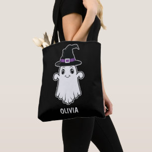 Cute Smiling Ghost som bar ett Witch Hat Halloween Tygkasse