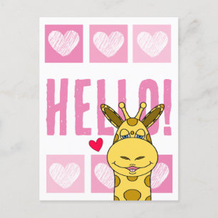 Cute Smiling Giraffe with Hearts Rosa Hej Vykort