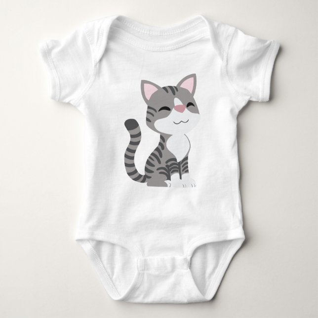 Cute Smiling Grått Tabby katt Tee Shirt (Framsida)