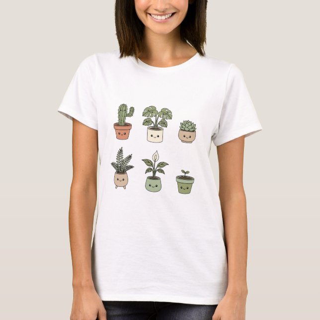 Cute Smiling Houseplants Women's T-Shirt (Framsida)