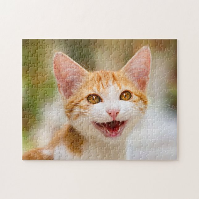 Cute Smiling Kitten Ansikte Funny Cat Meow Photo Pussel (Horisontell)