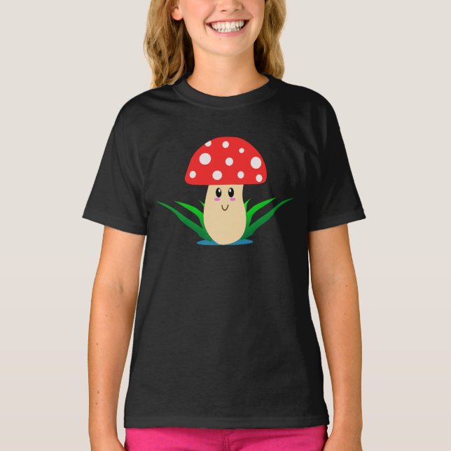 Cute Smiling Mushroom Girl's T-Shirt (Framsida)