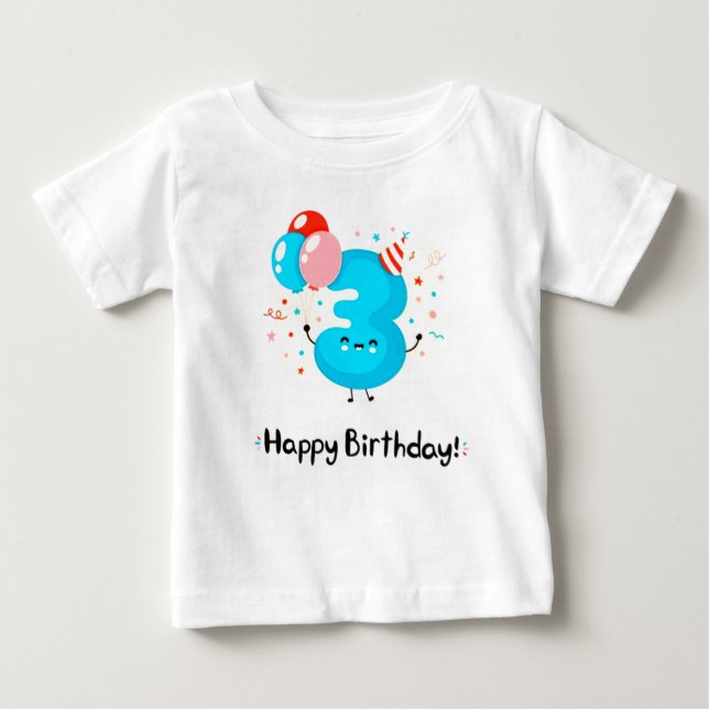 Cute Smiling Number 3 with Balloons in Birthday T Shirt (Framsida)