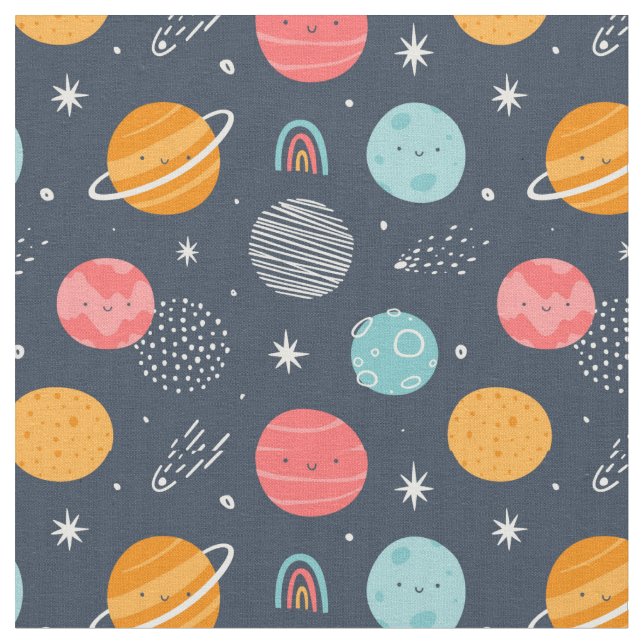Cute Smiling Planet Mönster Tyg (Närbild)