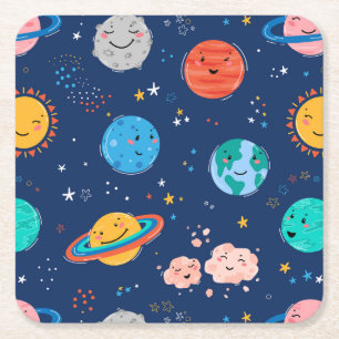 Cute Smiling Planet Mönster Underlägg Papper Kvadrat