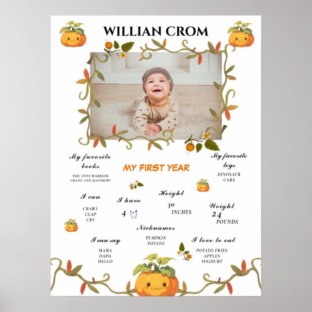 Cute Smiling Pumpkin 1:a året Birthday Milestone Poster (Framsidan)