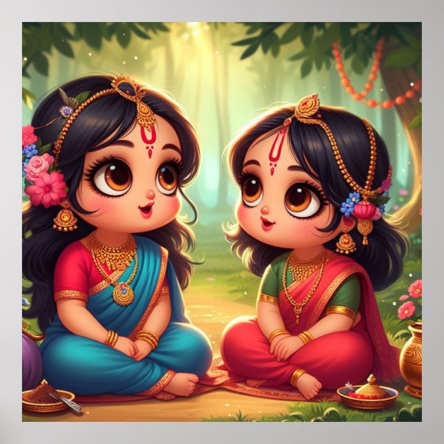 Cute Smiling Radha Rani med en bärbar dator i vänn Poster (Framsidan)