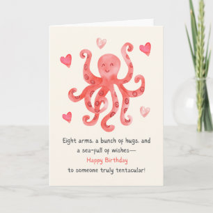 Cute Smiling Red Octopus Hearts Grattis på födelse Kort