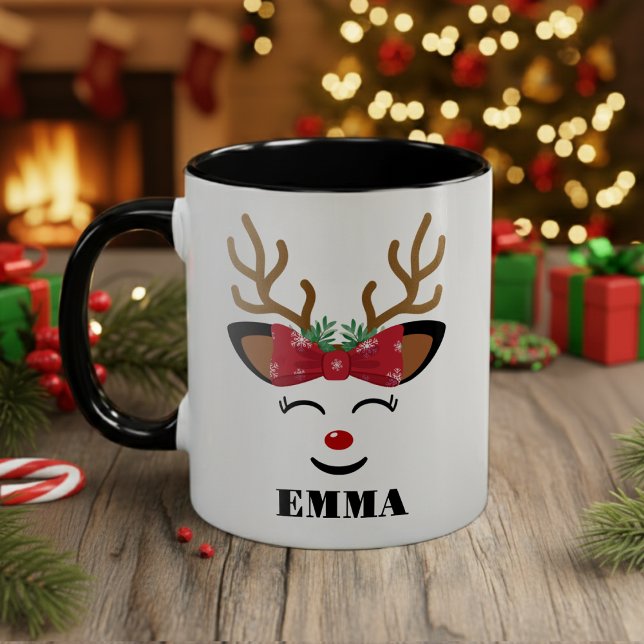 Cute Smiling Reindeer Ansikte jul Två-Tonad Mugg (cute reindeer face holiday merry Christmas coffee mug)