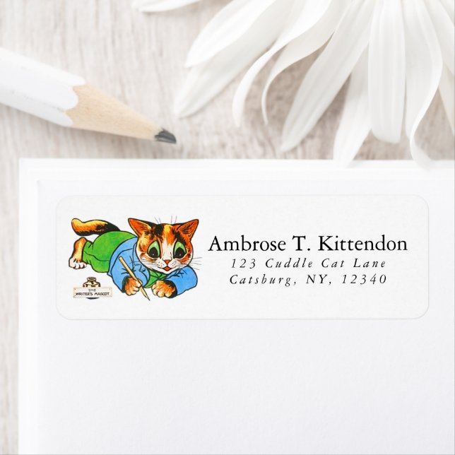 Cute Smiling Retro 1930 Tecknad Cat Writers Mascot Returadress Etikett (Insitu)