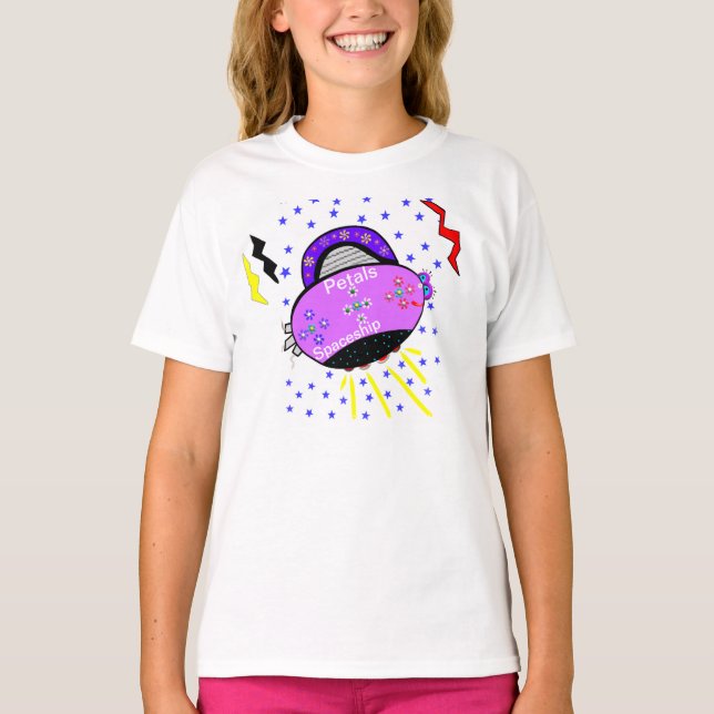 Cute Smiling Rosa Lila Petals Spaceship Stars T-shirt (Framsida)