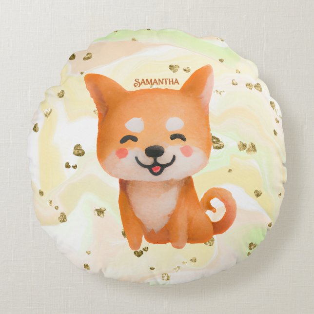 Cute Smiling Shiba Inu Rund Kudde (Framsidan)