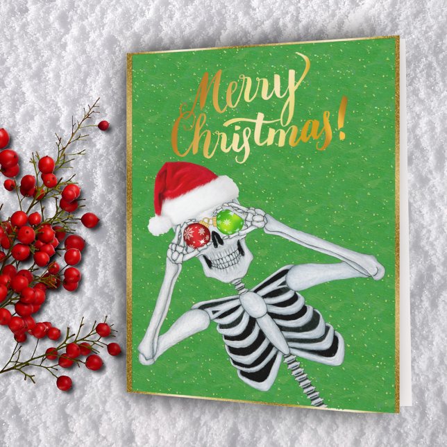Cute Smiling Skeleton Ornaments Santa Hat Grönt Helgkort (Skapare uppladdad)