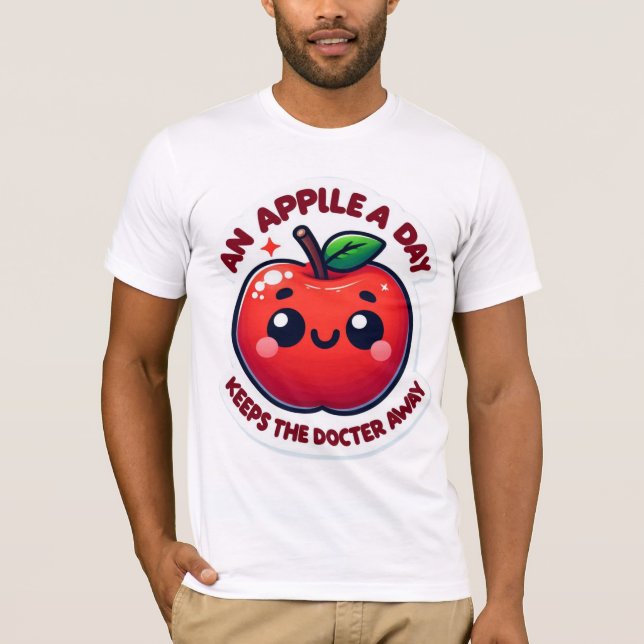 Cute Smiling Tecknad Apple - Bright Red med Löv T Shirt (Framsida)