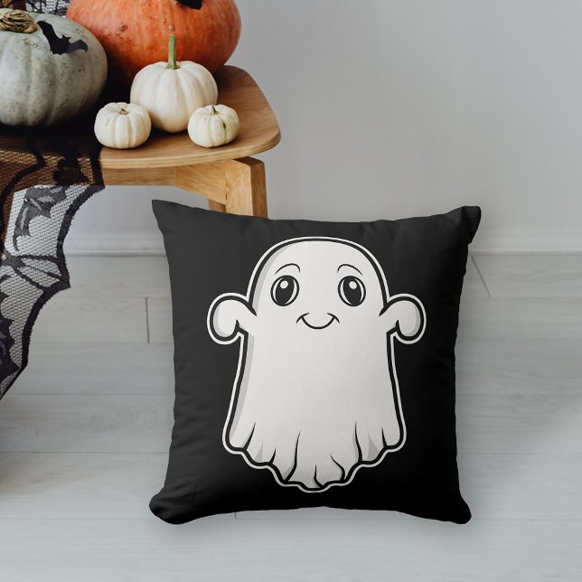 Cute Smiling Tecknad Ghost Halloween Black White Kudde (Cute design for the Halloween season.)