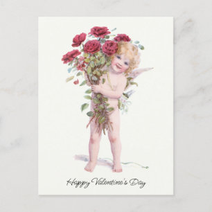 Cute Smiling Vintage Valentine Cupid med Ro Helg Vykort