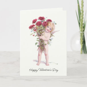Cute Smiling Vintage Valentine Cupid med Ro Helgkort
