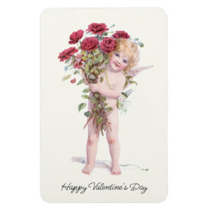 Cute Smiling Vintage Valentine Cupid med Ro Magnet