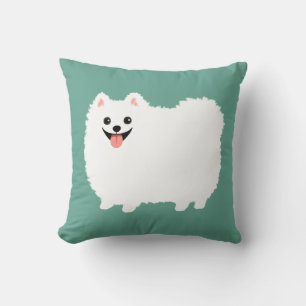 Cute Smiling White Pommanian Lycklig Fluffy Hund Kudde