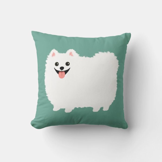 Cute Smiling White Pommanian Lycklig Fluffy Hund Kudde (Framsida)
