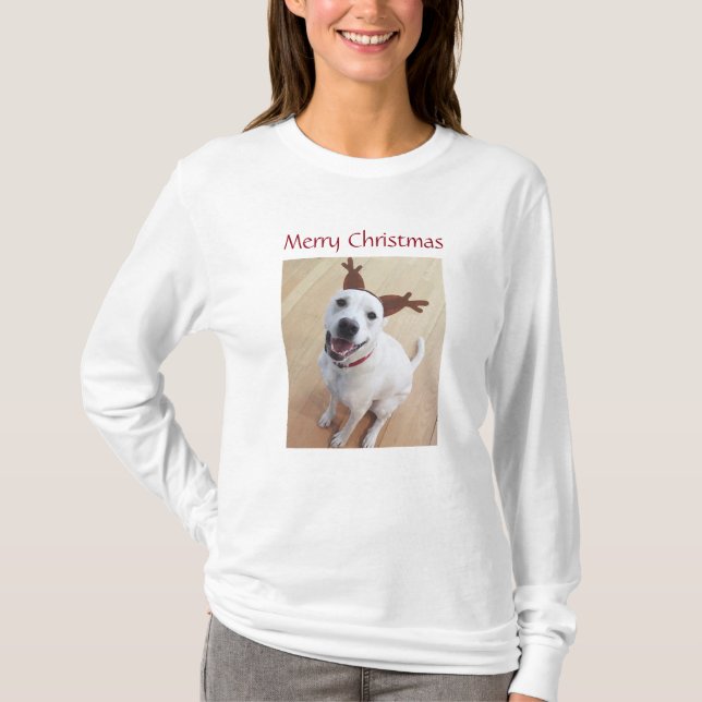 Cute Smiling White Reindeer Hund jul T Shirt (Framsida)