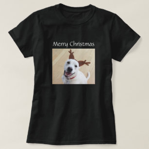 Cute Smiling White Reindeer Puppy Hund jul T Shirt