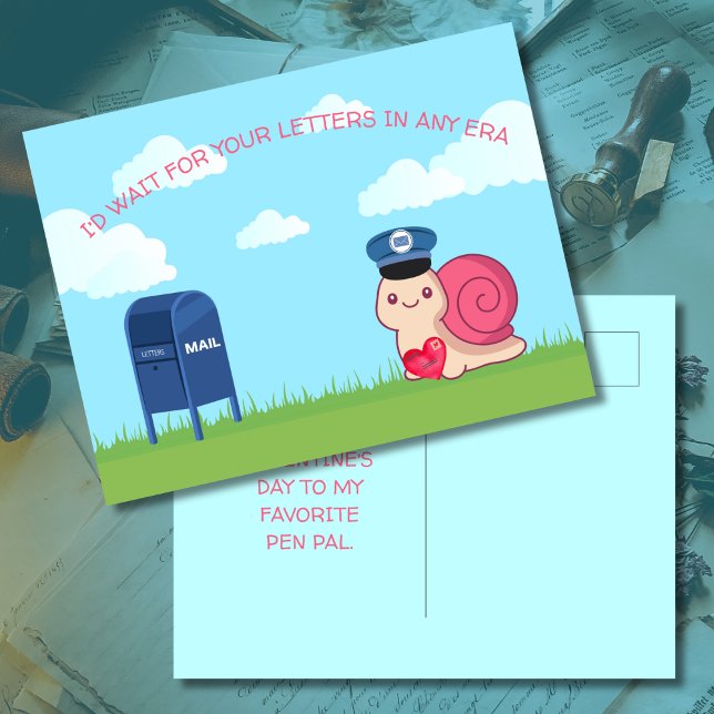 Cute Snail Mail Pen Pal Postcard Vykort (Image of front and back of Snail Mail postcard for pen pals.)