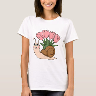 Cute Snail with Tulips Floral Spring Garden Design T Shirt